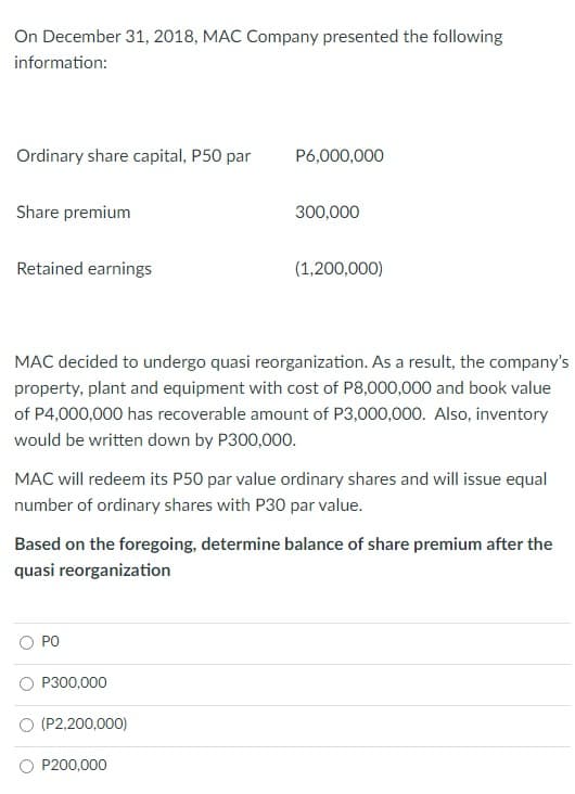 On December 31, 2018, MAC Company presented the following
information:
Ordinary share capital, P50 par
P6,000,000
Share premium
300,000
Retained earnings
(1,200,000)
MAC decided to undergo quasi reorganization. As a result, the company's
property, plant and equipment with cost of P8,000,000 and book value
of P4,000,000 has recoverable amount of P3,000,000. Also, inventory
would be written down by P300,000.
MAC will redeem its P50 par value ordinary shares and will issue equal
number of ordinary shares with P30 par value.
Based on the foregoing, determine balance of share premium after the
quasi reorganization
PO
P300,000
O (P2,200,000)
P200,000
