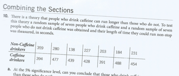 Combining the Sections
10. There is a theory that people who drink caffeine can run longer than those who do not. To test
this theory a random sample of seven people who drink caffeine and a random sample of seven
people who do not drink caffeine was obtained and their length of time they could run non-stop
was measured, in seconds.
Non-Caffeine
drinkers
359
280
138
227
203
184
231
Caffeine
drinkers
394
477
439
428
391
488
454
a. At the 5% significance level, can you conclude that those who drink ogfl
than those who do nati
