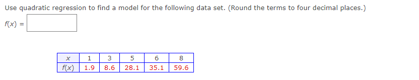 Use quadratic regression to find a model for the following data set. (Round the terms to four decimal places.)
f(x) =
f(x)
1
1.9
3 5
8.6 28.1
6
8
35.1 59.6