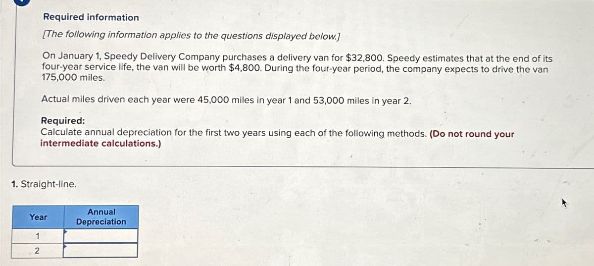 Required information
[The following information applies to the questions displayed below.]
On January 1, Speedy Delivery Company purchases a delivery van for $32,800. Speedy estimates that at the end of its
four-year service life, the van will be worth $4,800. During the four-year period, the company expects to drive the van
175,000 miles.
Actual miles driven each year were 45,000 miles in year 1 and 53,000 miles in year 2.
Required:
Calculate annual depreciation for the first two years using each of the following methods. (Do not round your
intermediate calculations.)
1. Straight-line.
Year
1
2
Annual
Depreciation