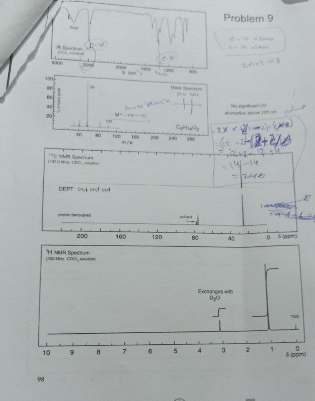 3458
IR Spectrum
(CC), solut
98
4000
D-H)
S of base peak
3000
100
BO
60
40
20
40
13C NMR Spectrum
(100 0 MHz CDC, solution)
59
80
103
DEPT CH CH. CH
proton decoupled
200
¹H NMR Spectrum
(200 MHz, CDCI, solution)
10
9
8
2000
1600
v (cm)
Mote banch
M-118 (1%)
120
160
200
m/e
160
7
120
6
1200
Mass Spectrum
+
C6H1402
280
240
5
solvent
L
80
Problem 9
2n+1=3
No significant UV
absorption above 220 m
2X (12)+(X2)
- (12 +27-√2+2/1/1/3
= ₁212-12 +2
=14/-14
=2016
40
Exchanges with
D₂0
4
3
2
0
1
8 (ppm)
TMS
0
8 (ppm)