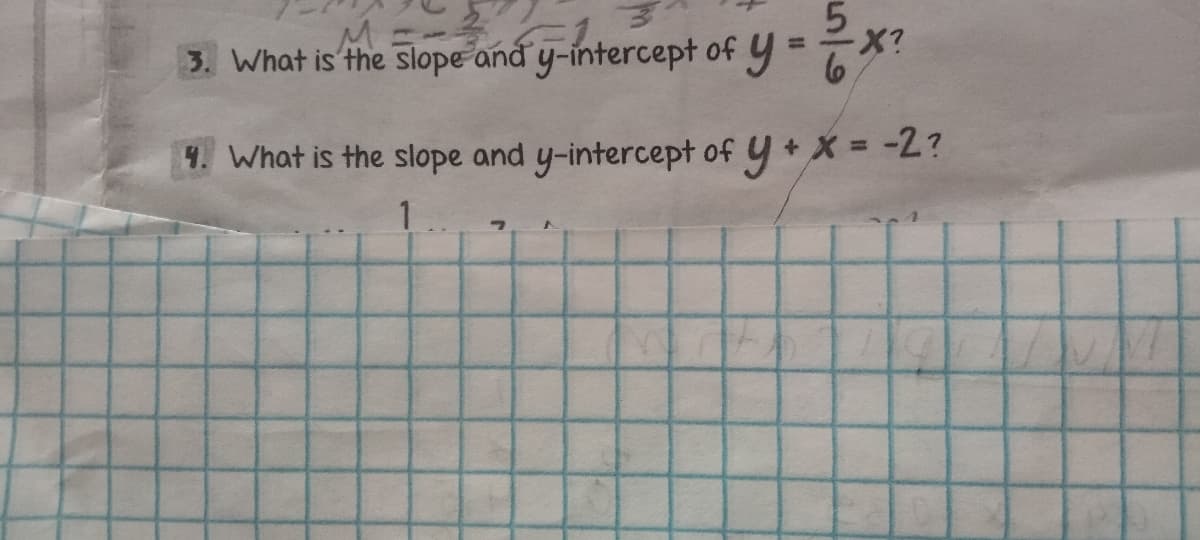 5
={/x?
X?
M=
3. What is the slope and y-intercept of y
1. What is the slope and y-intercept of y + x = -2?