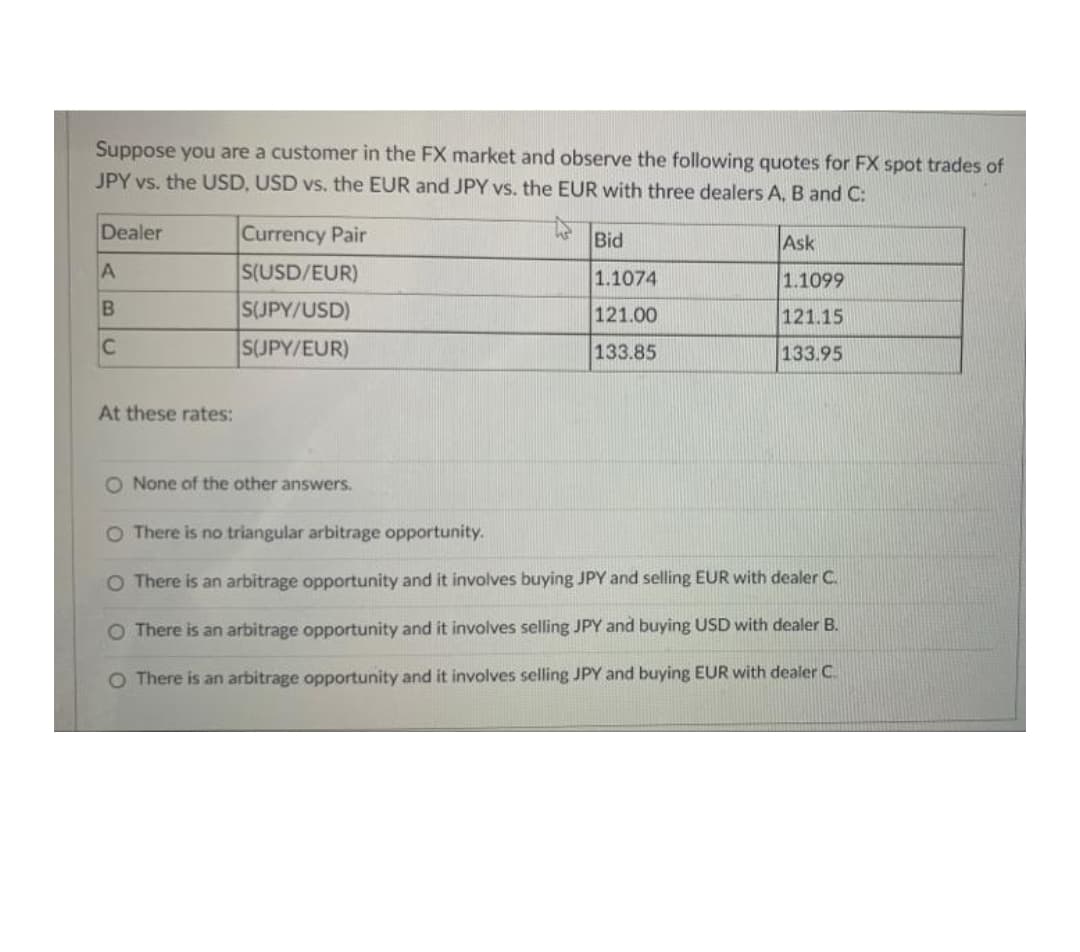 Suppose you are a customer in the FX market and observe the following quotes for FX spot trades of
JPY vs. the USD, USD vs. the EUR and JPY vs. the EUR with three dealers A, B and C:
Dealer
Currency Pair
Bid
Ask
S(USD/EUR)
1.1074
1.1099
S(UPY/USD)
121.00
121.15
C
SUPY/EUR)
133.85
133.95
At these rates:
O None of the other answers.
O There is no triangular arbitrage opportunity.
O There is an arbitrage opportunity and it involves buying JPY and selling EUR with dealer C.
O There is an arbitrage opportunity and it involves selling JPY and buying USD with dealer B.
O There is an arbitrage opportunity and it involves selling JPY and buying EUR with dealer C.
