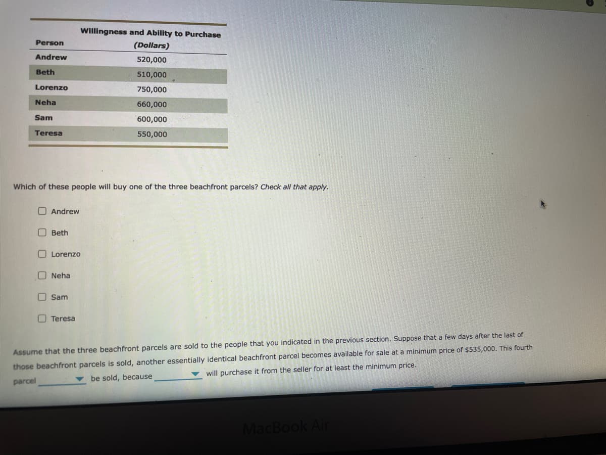 Willingness and Ablity to Purchase
Person
(Dollars)
Andrew
520,000
Beth
510,000
Lorenzo
750,000
Neha
660,000
Sam
600,000
Teresa
550,000
Which of these people will buy one of the three beachfront parcels? Check all that apply.
OAndrew
O Beth
O Lorenzo
O Neha
O Sam
O Teresa
Assume that the three beachfront parcels are sold to the people that you indicated in the previous section. Suppose that a few days after the last of
those beachfront parcels is sold, another essentially identical beachfront parcel becomes available for sale at a minimum price of $535,000. This fourth
v will purchase it from the seller for at least the minimum price.
parcel
be sold, because
MacBook Air
O O
