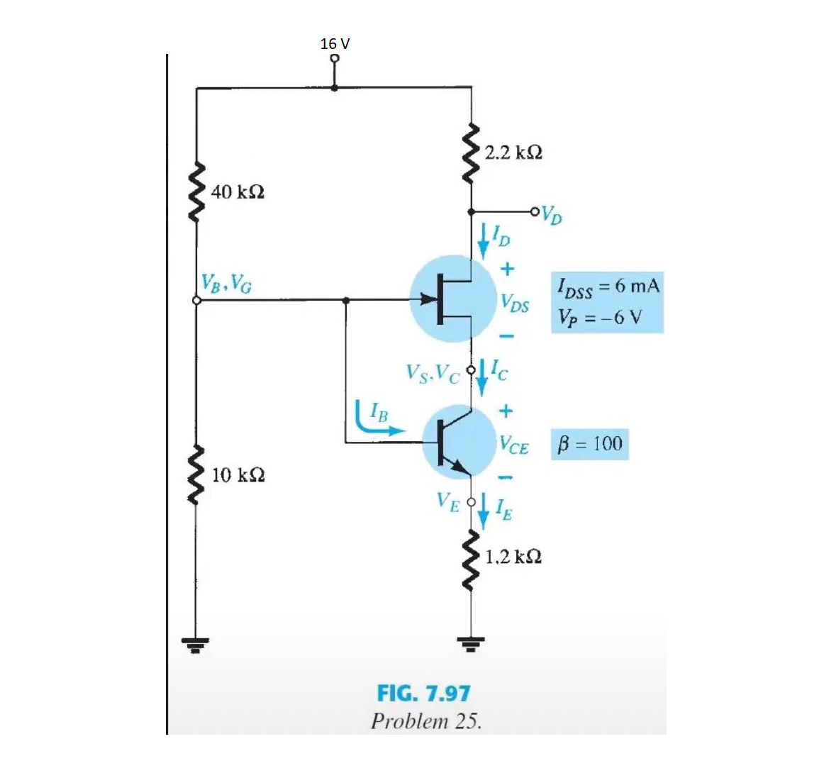 16 V
2.2 k2
40 k2
VD
+
|VB, VG
IDss = 6 mA
VDS
Vp = -6 V
Vs.Vcl!c
VCE B = 100
10 k2
VE
1,2 k2
FIG. 7.97
Problem 25.
