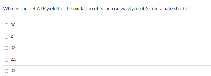 What is the net ATP yield for the oxidation of galactose via glycerol-3-phosphate shuttle?
O
O
30
2
33
O 2.5
32