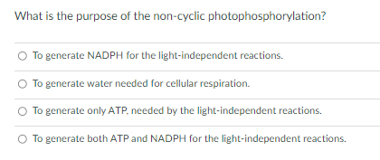 What is the purpose of the non-cyclic photophosphorylation?
To generate NADPH for the light-independent reactions.
To generate water needed for cellular respiration.
To generate only ATP, needed by the light-independent reactions.
O To generate both ATP and NADPH for the light-independent reactions.