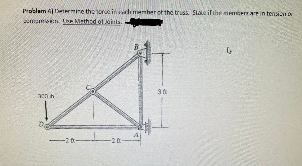 Problem 4) Determine the force in each member of the truss. State if the members are in tension or
compression. Use Method of Joints.
3 ft
300 lb
D.
A
2 ft
2 ft-
