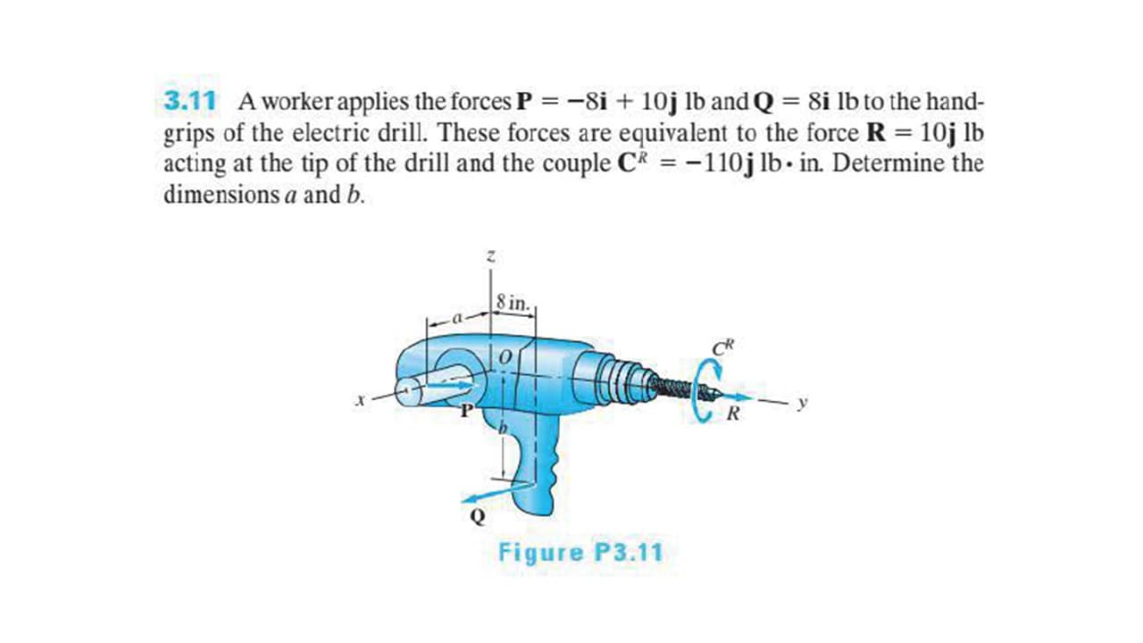 3.11 A worker applies the forces P =-8i + 10j lb and Q = 8i lb to the hand-
grips of the electric drill. These forces are equivalent to the force R = 10j lb
acting at the tip of the drill and the couple C = -110j lb. in. Determine the
dimensions a and b.
Figure P3.11
