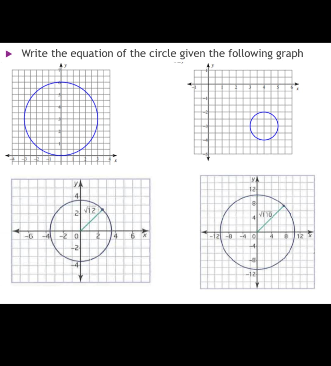 • Write the equation of the circle given the following graph
yA
YA
12
4
2 vi2
Vi10
4
-6 -4 -2 0
6.
-12 -8
-4 0
4
12
-2
-4
-12
4.
+ ru
