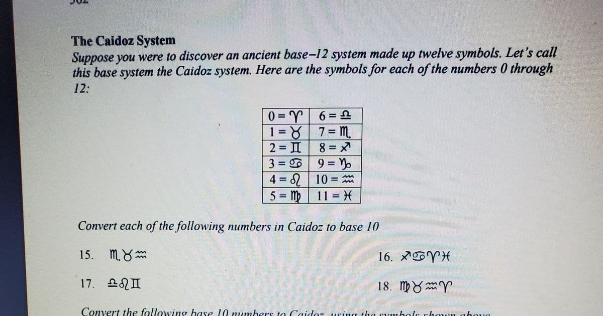 The Caidoz System
Suppose you were to discover an ancient base-12 system made up twelve symbols. Let's call
this base system the Caidoz system. Here are the symbols for each of the numbers 0 through
12:
0 = Y
1 = 87=m.
8 = x
6 = 2
%3D
%3D
%3D
2 = II
%3D
wwww.
9 = Y
4 = 10 = mm
5 = m 11 = *
3 = 6
Convert each of the following numbers in Caidoz to base 10
15.
m.8m
16. IVH
17. 11I
18. M8
Convert the following hase 10 umbers to Caido- using the cunmbolt chaum abaua
