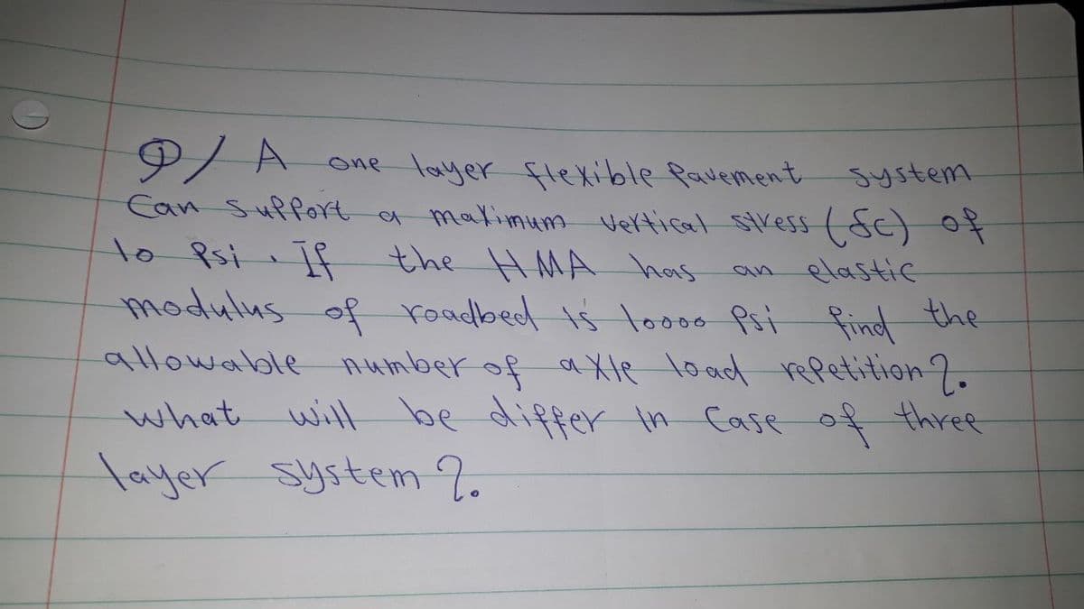 9/A
one layer flexible Pavement
System
elastic
Can Suffort a maximum vertical stress (SC) of
to Psi If the HMA has
modulus of roadbed is loooo Psi find the
allowable number of axle load repetition 2.
what will be differ in case of three
layer system 2.
3