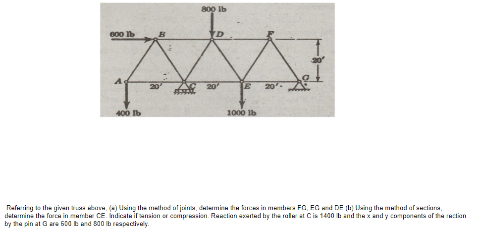 800 lb
600 b
B
YD
20
20
20
E
20
400 b
1000 lb
Referring to the given truss above, (a) Using the method of joints, determine the forces in members FG, EG and DE (b) Using the method of sections,
determine the force in member CE. Indicate if tension or compression. Reaction exerted by the roller at C is 1400 lb and the x and y components of the rection
by the pin at G are 600 lb and 800 lb respectively.
