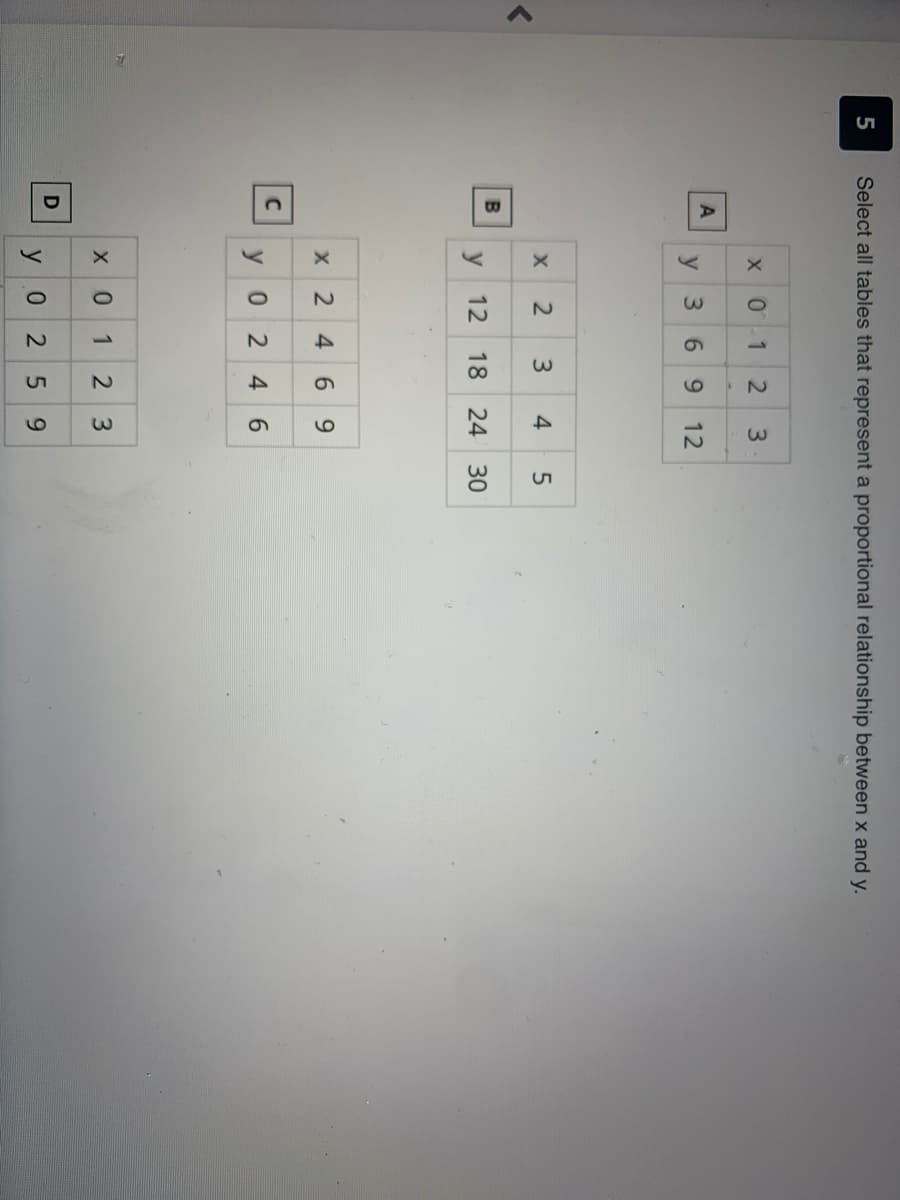 1.
4.
5
Select all tables that represent a proportional relationship between x and y.
3.
у 3
6 9
12
4
y 12 18
24 30
х 2
6 9
y0 2
4 6
1
2 3
y0 2
5 9
