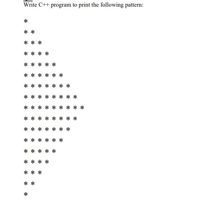 Write C++ program to print the following pattern:
**
***
****
*
**
*
*****
**
***** **
***** *
**
*
***
**
*
*
*
*
*
*
*
*
*
*
* *
*
* * *
*
*
