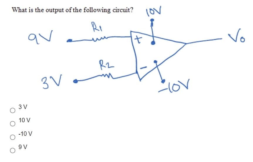 What is the output of the following circuit?
(OV
RI
qv
Vo
3 V
3 V
10 V
-10 V
9 V
