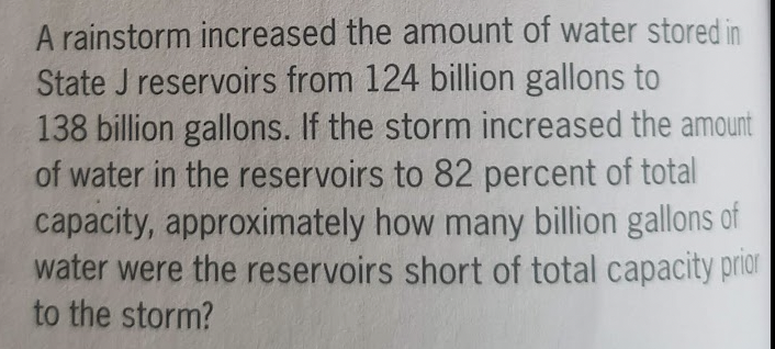 A rainstorm increased the amount of water stored in
State J reservoirs from 124 billion gallons to
138 billion gallons. If the storm increased the amount
of water in the reservoirs to 82 percent of total
capacity, approximately how many billion gallons of
water were the reservoirs short of total capacity prior
to the storm?