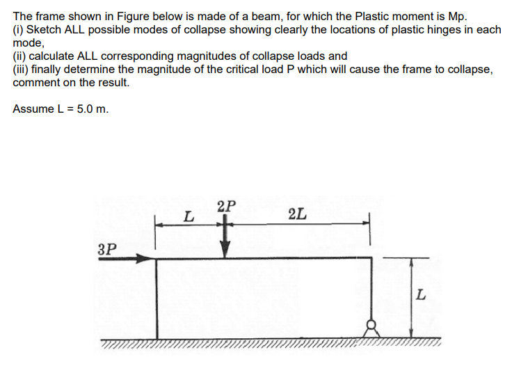 The frame shown in Figure below is made of a beam, for which the Plastic moment is Mp.
(i) Sketch ALL possible modes of collapse showing clearly the locations of plastic hinges in each
mode,
(ii) calculate ALL corresponding magnitudes of collapse loads and
(iii) finally determine the magnitude of the critical load P which will cause the frame to collapse,
comment on the result.
Assume L = 5.0 m.
2P
2L
3P
L
L