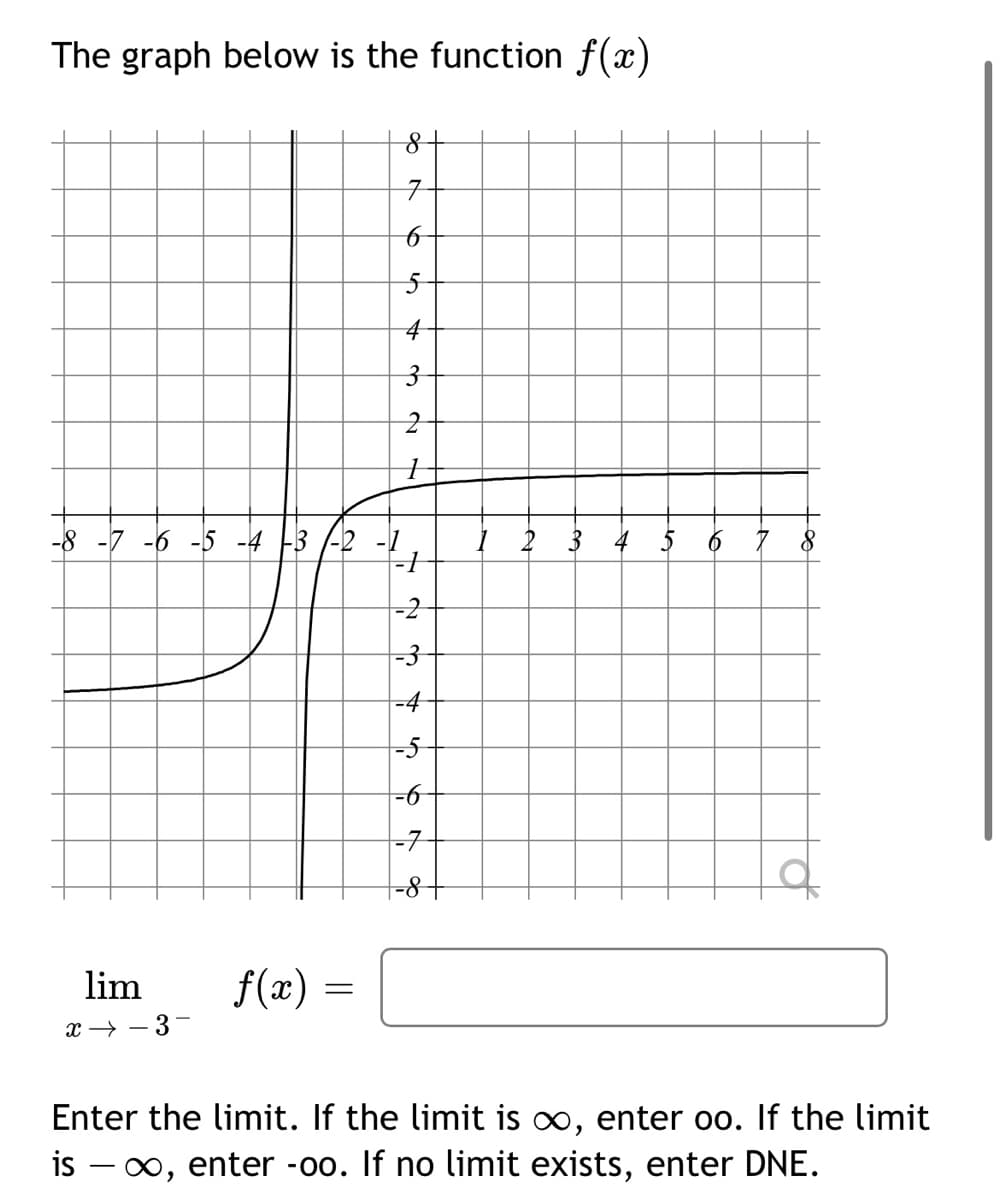 The graph below is the function f(x)
4
-8 -7 -6 -5 -4
-3 /-2
-2
-3
-4
-5-
9-
-7
lim
f(æ) =
x → - 3-
Enter the limit. If the limit is o, enter oo. If the limit
is – 0, enter -00. If no limit exists, enter DNE.
