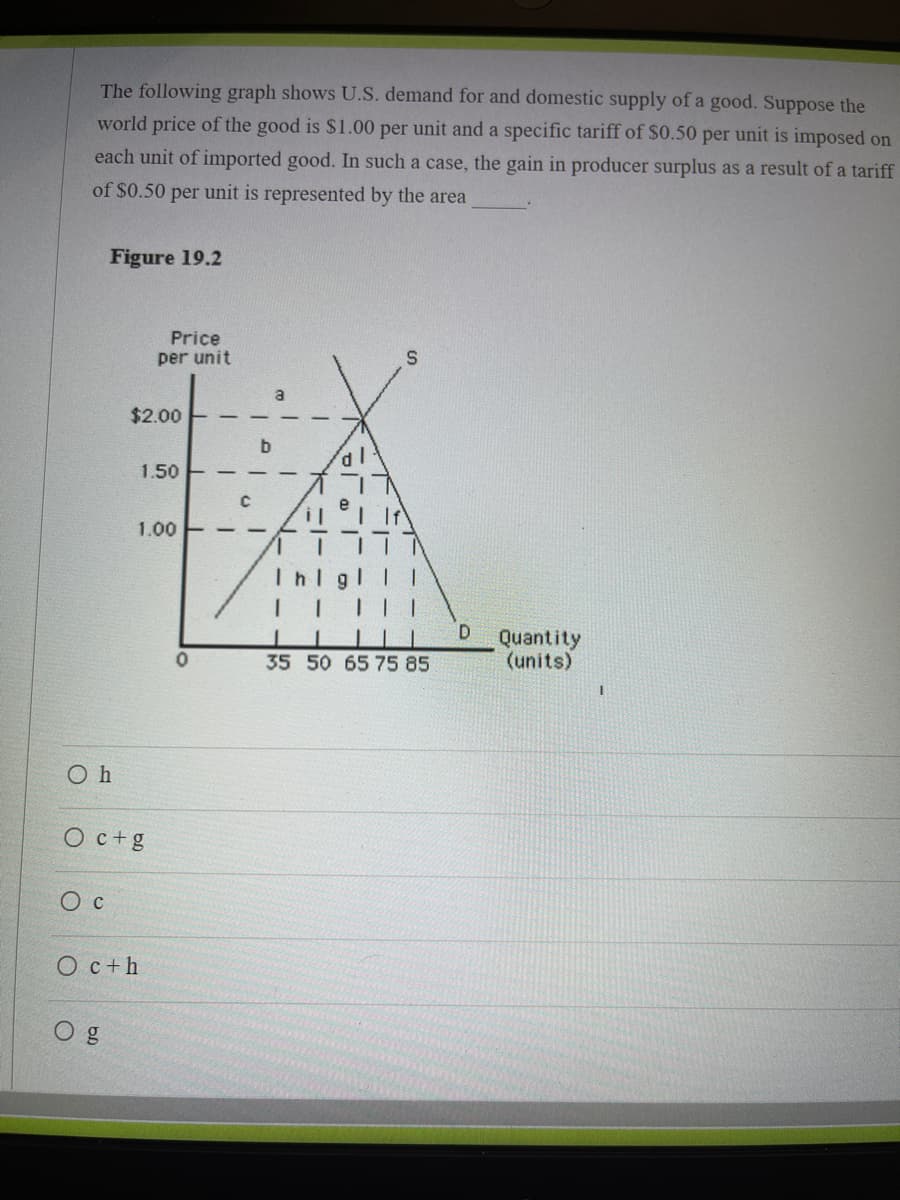 The following graph shows U.S. demand for and domestic supply of a good. Suppose the
world price of the good is $1.00 per unit and a specific tariff of $0.50 per unit is imposed on
each unit of imported good. In such a case, the gain in producer surplus as a result of a tariff
of $0.50 per unit is represented by the area
Figure 19.2
Price
per unit
a
$2.00
1.50
1.00
Quantity
(units)
35 50 65 75 85
O h
O c+g
O c
O c+h
O g
