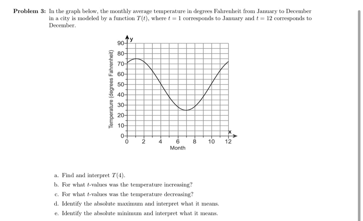 Problem 3: In the graph below, the monthly average temperature in degrees Fahrenheit from January to December
in a city is modeled by a function T(t), where t = 1 corresponds to January and t = 12 corresponds to
December.
Temperature (degrees Fahrenheit)
90-
80-
70-
60-
50-
40-
30-
20-
10-
0-
'y
0
2
4
6
Month
-∞o
8
10 12
a. Find and interpret T(4).
b. For what t-values was the temperature increasing?
c. For what t-values was the temperature decreasing?
d. Identify the absolute maximum and interpret what it means.
e. Identify the absolute minimum and interpret what it means.