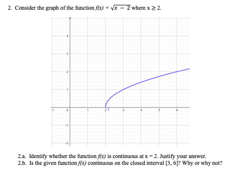 2. Consider the graph of the function flx) = Vx – 2 where x 2 2.
21
2.a. Identify whether the function fíx) is continuous at x = 2. Justify your answer.
2.b. Is the given function f(x) continuous on the closed interval [3, 6]? Why or why not?
