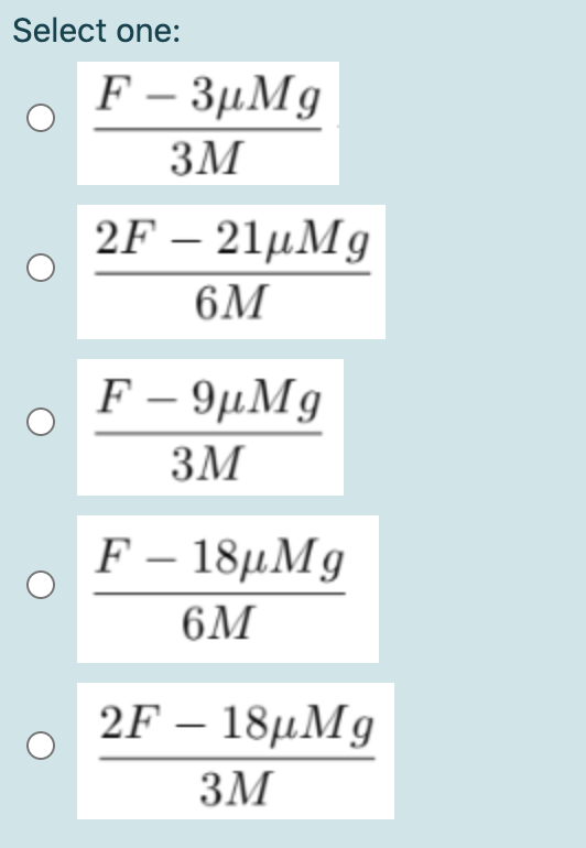 Select one:
F – 3µMg
3M
2F-21μMg
6M
F – 9µMg
-
3M
F- 18μΜg
6M
2F - 18рМg
3M
