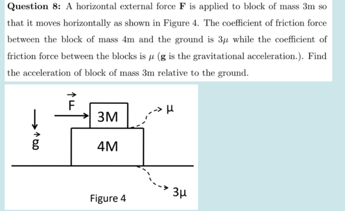 Question 8: A horizontal external force F is applied to block of mass 3m so
that it moves horizontally as shown in Figure 4. The coefficient of friction force
between the block of mass 4m and the ground is 3µ while the coefficient of
friction force between the blocks is µ (g is the gravitational acceleration.). Find
the acceleration of block of mass 3m relative to the ground.
F
3M
>H
4M
3µ
Figure 4
