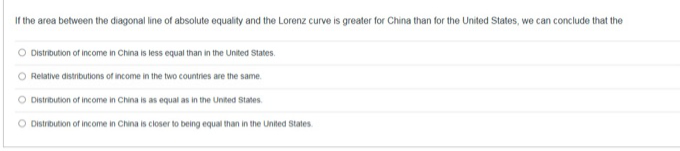 If the area between the diagonal line of absolute equality and the Lorenz curve is greater for China than for the United States, we can conclude that the
Distribution of income in China is less equal than in the United States.
Relative distributions of income in the two countries are the same.
O Distribution of income in China is as equal as in the United States.
O Distribution of income in China is closer to being equal than in the United States.