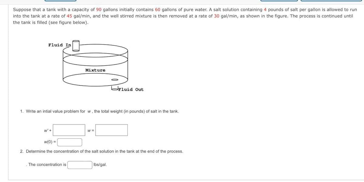 Suppose that a tank with a capacity of 90 gallons initially contains 60 gallons of pure water. A salt solution containing 4 pounds of salt per gallon is allowed to run
into the tank at a rate of 45 gal/min, and the well stirred mixture is then removed at a rate of 30 gal/min, as shown in the figure. The process is continued until
the tank is filled (see figure below).
Fluid In
W'+
Mixture
1. Write an intial value problem for w, the total weight (in pounds) of salt in the tank.
. The concentration is
W =
Fluid Out
w(0) =
2. Determine the concentration of the salt solution in the tank at the end of the process.
Ibs/gal.