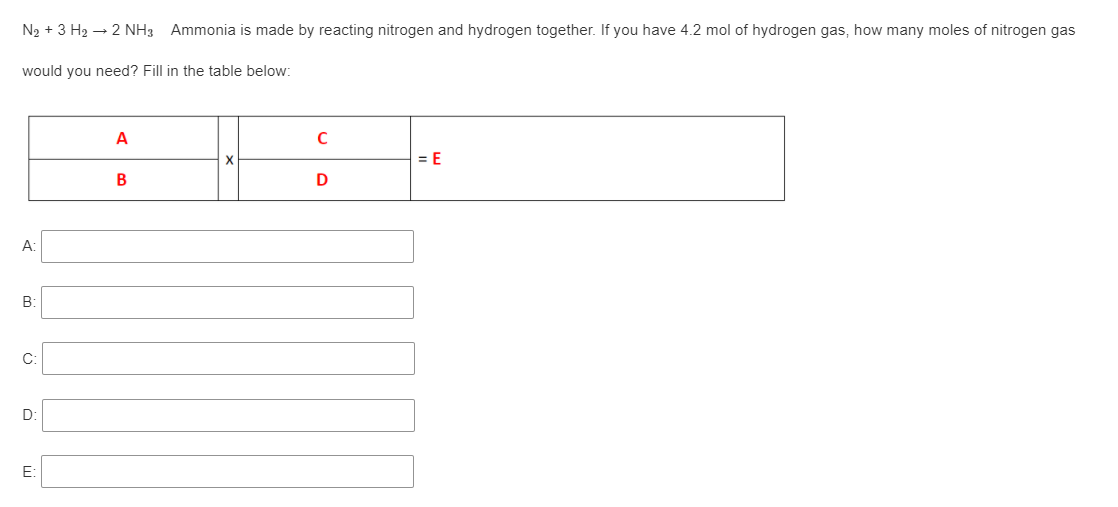 N2 + 3 H2 → 2 NH3 Ammonia is made by reacting nitrogen and hydrogen together. If you have 4.2 mol of hydrogen gas, how many moles of nitrogen gas
would you need? Fill in the table below:
A
C
= E
B
D
A:
B:
C:
D:
E:
