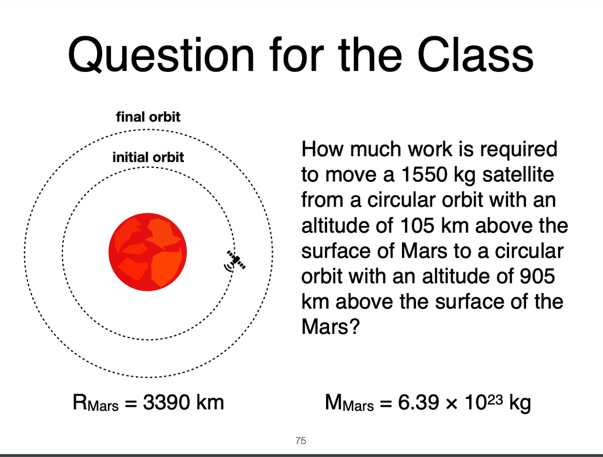 Question for the Class
final orbit
How much work is required
to move a 1550 kg satellite
from a circular orbit with an
initial orbit
altitude of 105 km above the
surface of Mars to a circular
orbit with an altitude of 905
km above the surface of the
Mars?
RMars = 3390 km
MMars = 6.39 × 1023 kg
75
