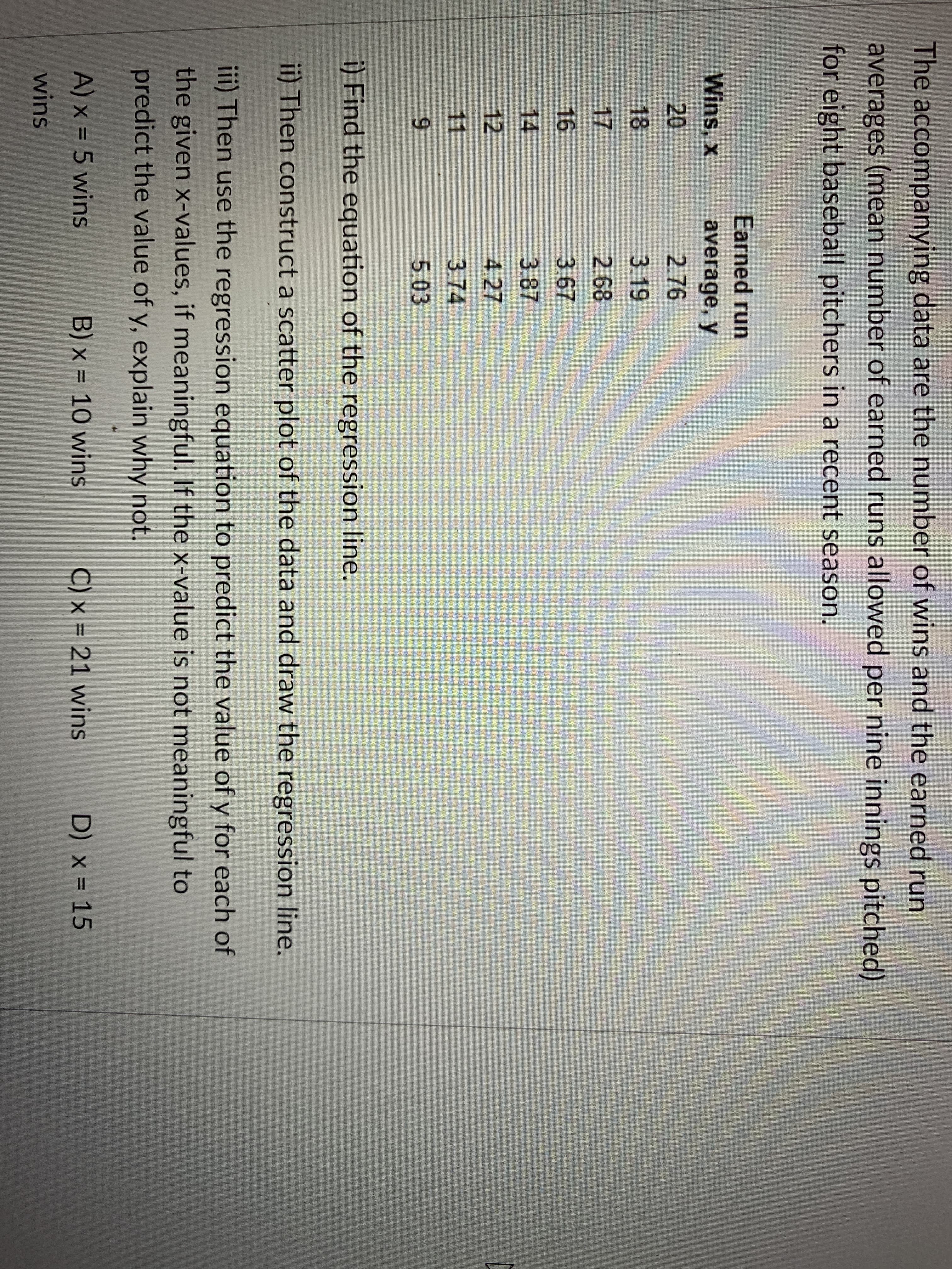 The accompanying data are the number of wins and the earned run
averages (mean number of earned runs allowed per nine innings pitched)
for eight baseball pitchers in a recent season.
Earned run
Wins, x
average, y
20
2.76
18
3.19
17
2.68
16
3.67
14
3.87
12
4.27
11
3.74
6.
5.03
i) Find the equation of the regression line.
ii) Then construct a scatter plot of the data and draw the regression line.
iii) Then use the regression equation to predict the value of y for each of
the given x-values, if meaningful. If the x-value is not meaningful to
predict the value of y, explain why not.
A) x = 5 wins
B) x = 10 wins
C) x = 21 wins
D) x = 15
%3D
wins
