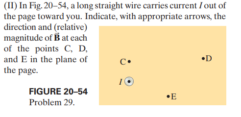 (II) In Fig. 20–54, a long straight wire carries current I out of
the page toward you. Indicate, with appropriate arrows, the
direction and (relative)
magnitude of B at each
of the points C, D,
and E in the plane of
the page.
•D
C•
I
FIGURE 20-54
•E
Problem 29.
