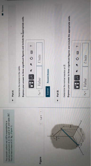 The smooth uniform rod AB is supported by a
ball-and-socket joint at A, the wall at B, and cable BC.
The rod has a mass of 23 kg. (Figure 1)
Figure
< 1 of 1 >
Part A
Determine the tension in the cable.
Express your answer to three significant figures and include the appropriate units.
Tac
Submit
Part B
HA
N₂=
Value
Request Answer
Determine the normal reaction at B.
Express your answer to three significant figures and include the appropriate units.
HA
Units
Value
Units
Review