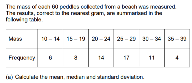 The mass of each 60 peddles collected from a beach was measured.
The results, correct to the nearest gram, are summarised in the
following table.
Mass
10 – 14 15 – 19 20 – 24 25 – 29 30 – 34 35 – 39
Frequency
8
14
17
11
4
(a) Calculate the mean, median and standard deviation.
