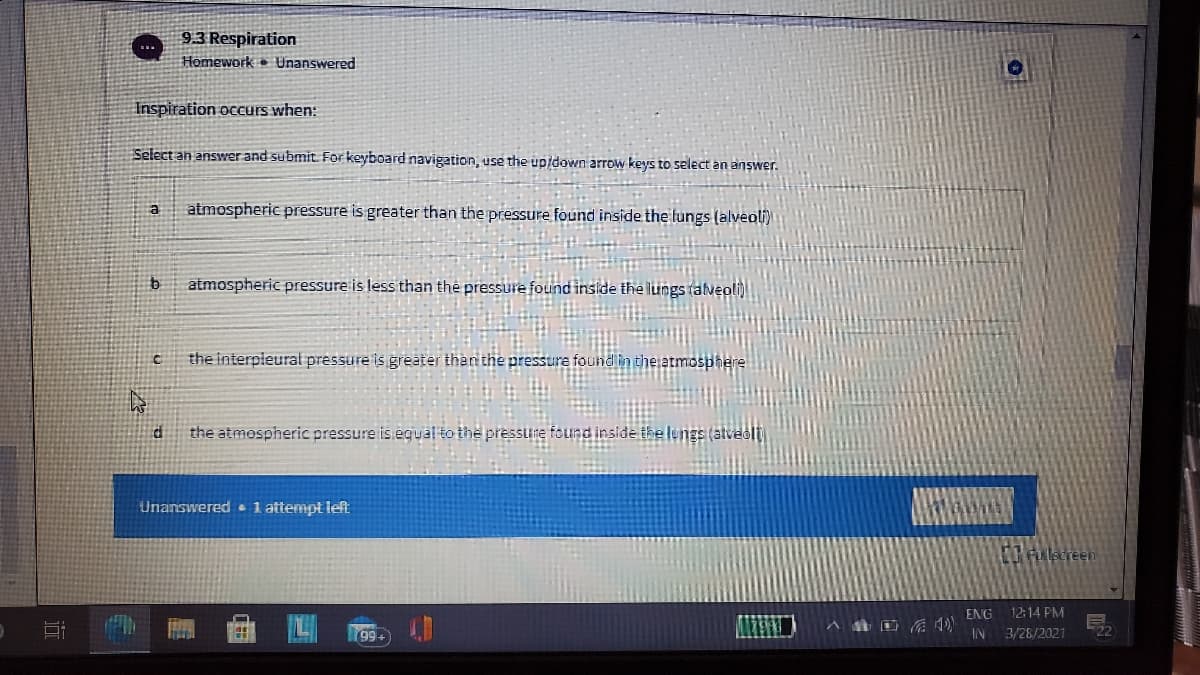 93 Respiration
Homework • Unanswered
Inspiration occurs when:
Select an answer and submit. For keyboard navigation, use the up/down arrow keys to select an answer.
a
atmospheric pressure is greater than the pressure found inside the lungs (alveoli)
atmospheric pressure is less than the pressure found inside the lungs (alveoli)
the interpleural pressure is greater than the pressure foundlin the atmosphere
the atmospheric pressure is equal to the pressure found inside the lungs (
Unanswered 1 attempt left
O Fulscreen
ENG
12:14 PM
99+
Al
IN
3/28/2021
