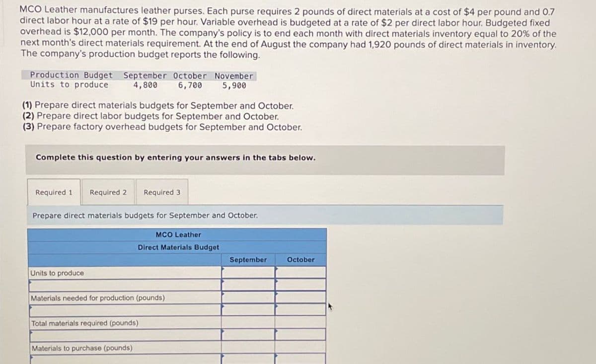 MCO Leather manufactures leather purses. Each purse requires 2 pounds of direct materials at a cost of $4 per pound and 0.7
direct labor hour at a rate of $19 per hour. Variable overhead is budgeted at a rate of $2 per direct labor hour. Budgeted fixed
overhead is $12,000 per month. The company's policy is to end each month with direct materials inventory equal to 20% of the
next month's direct materials requirement. At the end of August the company had 1,920 pounds of direct materials in inventory.
The company's production budget reports the following.
Production Budget September October November
Units to produce 4,800 6,700 5,900
(1) Prepare direct materials budgets for September and October.
(2) Prepare direct labor budgets for September and October.
(3) Prepare factory overhead budgets for September and October.
Complete this question by entering your answers in the tabs below.
Required 1 Required 2 Required 3
Prepare direct materials budgets for September and October.
MCO Leather
Direct Materials Budget
September
October
Units to produce
Materials needed for production (pounds)
Total materials required (pounds)
Materials to purchase (pounds)