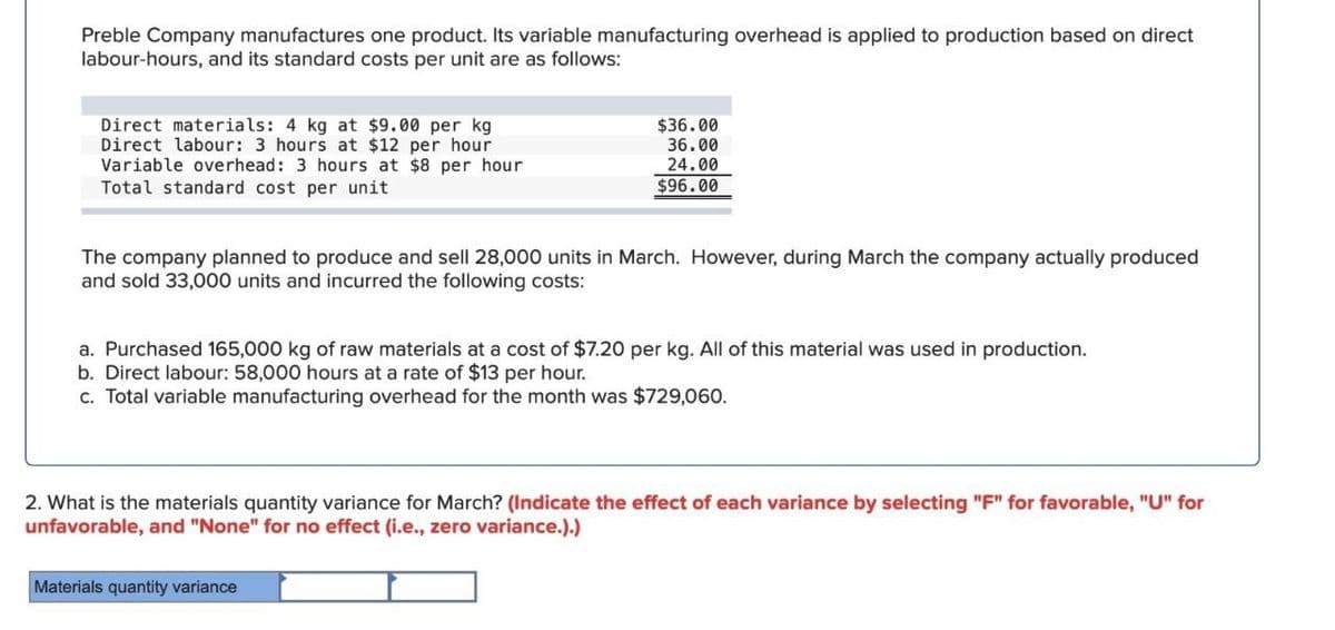 Preble Company manufactures one product. Its variable manufacturing overhead is applied to production based on direct
labour-hours, and its standard costs per unit are as follows:
Direct materials: 4 kg at $9.00 per kg
Direct labour: 3 hours at $12 per hour
Variable overhead: 3 hours at $8 per hour
Total standard cost per unit
$36.00
36.00
24.00
$96.00
The company planned to produce and sell 28,000 units in March. However, during March the company actually produced
and sold 33,000 units and incurred the following costs:
a. Purchased 165,000 kg of raw materials at a cost of $7.20 per kg. All of this material was used in production.
b. Direct labour: 58,000 hours at a rate of $13 per hour.
c. Total variable manufacturing overhead for the month was $729,060.
2. What is the materials quantity variance for March? (Indicate the effect of each variance by selecting "F" for favorable, "U" for
unfavorable, and "None" for no effect (i.e., zero variance.).)
Materials quantity variance