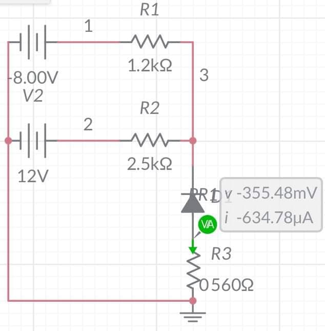 가
18.000
V2
ㅣㅏ
12V
1
2
R1
w
1.2k2
R2
w
2.5k
3
-ARTv-355.48mV
i-634.78 A
VIA
R3
205602