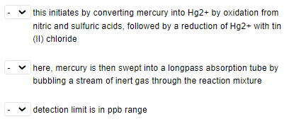 this initiates by converting mercury into Hg2+ by oxidation from
nitric and sulfuric acids, followed by a reduction of Hg2+ with tin
(II) chloride
here, mercury is then swept into a longpass absorption tube by
bubbling a stream of inert gas through the reaction mixture
detection limit is in ppb range
