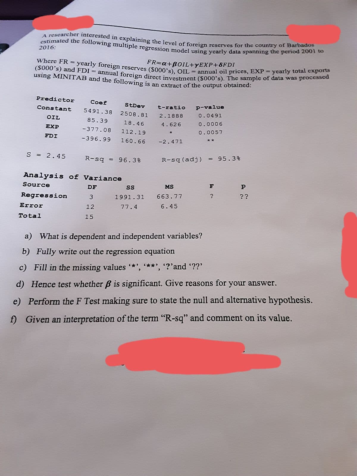 estimated the following multiple regression model using yearly data spanning the period 2001 to
Where FR = yearly foreign reserves ($000's), OIL = annual oil prices, EXP = yearly total exports
($000's) and FDI = annual foreign direct investment ($000's). The sample of data was processed
A researcher interested in explaining the level of foreign reserves for the country of Barbados
2016:
FR=a+B0IL+YEXP+8FDI
using MINITAB and the following is an extract of the output oblamed.
Predictor
Coef
StDev
p-value
t-ratio
5491.38 2508.81 2.1888
Constant
0.0491
OIL
85.39
18.46
4.626
0.0006
EXP
-377.08 112.19
0.0057
FDI
-396.99 160.66
-2.471
S = 2.45
R-sq = 96.3%
R-sq (adj) = 95.3%
Analysis of Variance
Source
MS
F
DF
Regression
3
1991.31
663.77
??
Error
12
77.4
6.45
Total
15
a) What is dependent and independent variables?
b) Fully write out the regression equation
c) Fill in the missing values *', **', ?'and ??'
d) Hence test whether B is significant. Give reasons for your answer.
e) Perform the F Test making sure to state the null and alternative hypothesis.
f) Given an interpretation of the term "R-sq" and comment on its value.
