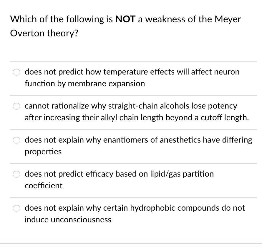 Which of the following is NOT a weakness of the Meyer
Overton theory?
does not predict how temperature effects will affect neuron
function by membrane expansion
cannot rationalize why straight-chain alcohols lose potency
after increasing their alkyl chain length beyond a cutoff length.
does not explain why enantiomers of anesthetics have differing
properties
does not predict efficacy based on lipid/gas partition
coefficient
does not explain why certain hydrophobic compounds do not
induce unconsciousness
