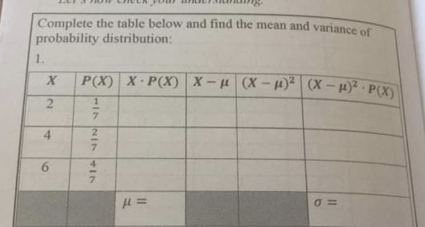 Complete the table below and find the mean and variance of
probability distribution:
1.
P(X) X P(X) X-H (X-)² (X - H)2. P(X
2.
4
117217 I7
4.
69
