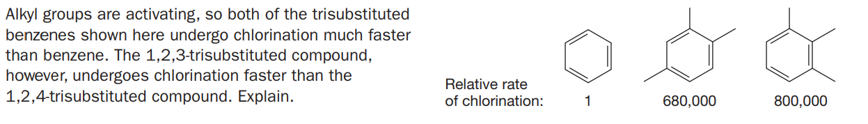 Alkyl groups are activating, so both of the trisubstituted
benzenes shown here undergo chlorination much faster
than benzene. The 1,2,3-trisubstituted compound,
however, undergoes chlorination faster than the
1,2,4-trisubstituted compound. Explain.
Relative rate
of chlorination:
1
680,000
800,000
