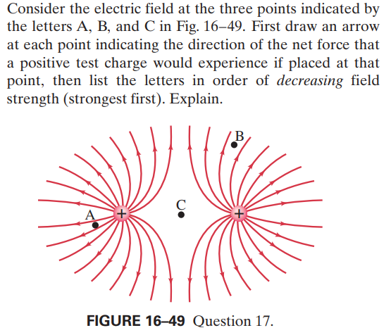 Consider the electric field at the three points indicated by
the letters A, B, and C in Fig. 16–49. First draw an arrow
at each point indicating the direction of the net force that
a positive test charge would experience if placed at that
point, then list the letters in order of decreasing field
strength (strongest first). Explain.
B,
FIGURE 16–49 Question 17.
