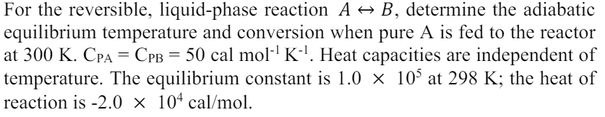 For the reversible, liquid-phase reaction A ↔ B, determine the adiabatic
equilibrium temperature and conversion when pure A is fed to the reactor
at 300 K. CPA = CPB = 50 cal mol‍¹ K-¹. Heat capacities are independent of
temperature. The equilibrium constant is 1.0 × 105 at 298 K; the heat of
reaction is -2.0 × 10 cal/mol.