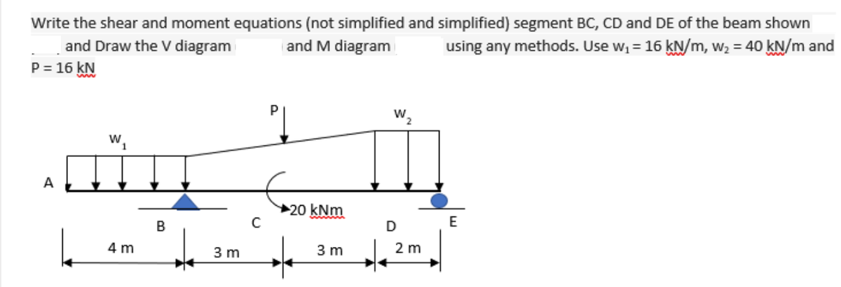 Write the shear and moment equations (not simplified and simplified) segment BC, CD and DE of the beam shown
and Draw the V diagram
P = 16 kN
and M diagram
using any methods. Use w, = 16 kN/m, w2 = 40 kN/m and
W.
A
20 kNm
B
D
4 m
3 m
3 m
2 m
