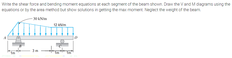 Write the shear force and bending moment equations at each segment of the beam shown. Draw the V and M diagrams using the
equations or by the area method but show solutions in getting the max moment. Neglect the weight of the beam.
- 30 kN/m
12 kN/m
A
В
3 m
1m
1m
1m
