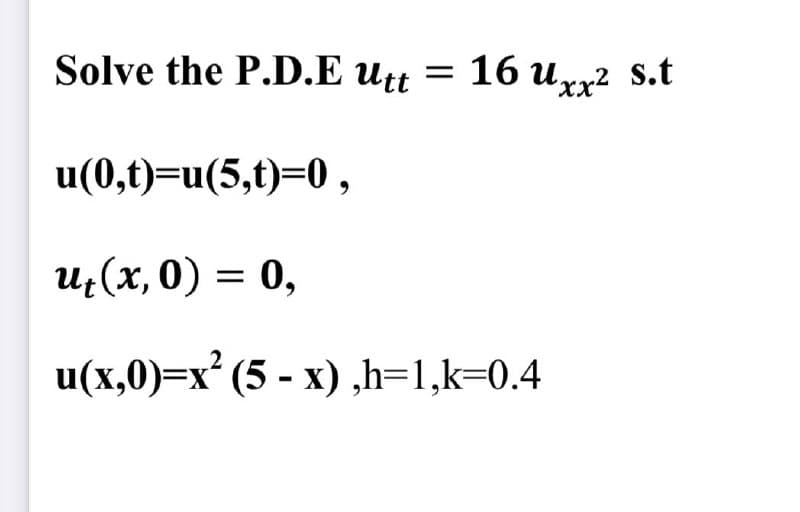 Solve the P.D.E utt =
16 uxy2 s.t
u(0,t)=u(5,t)=0 ,
u;(x,0) = 0,
u(x,0)=x² (5 - x) ,h=1,k=0.4
